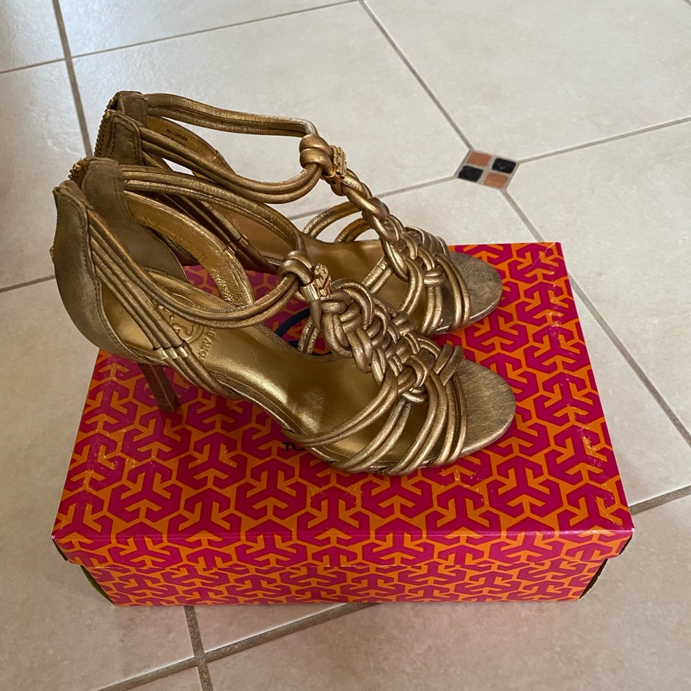 Tory Burch Gold Constance Metal Washed Heels